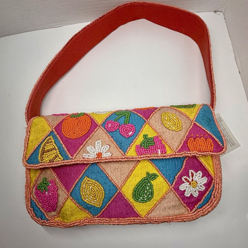 American & Beyond Viral Bright Fruit & Flower Patchwork Beaded Shoulder Bag New - Picture 2 of 9